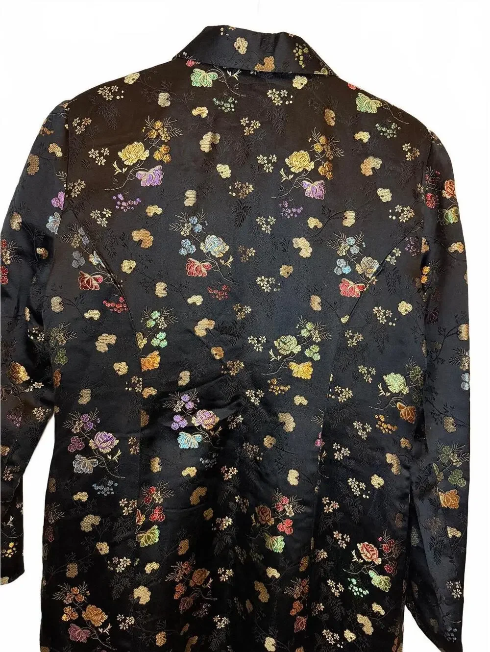 Black Floral Brocade Coat Silk Blend Chinoiserie Evening Formal Jacket Size L